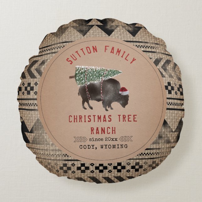 Christmas Tree Ranch Santa Buffalo Burlap Round Cushion (Front)