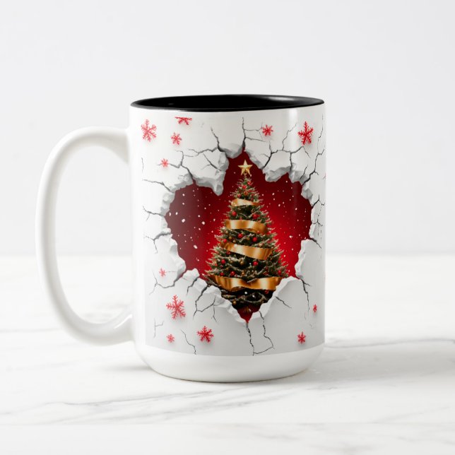 Christmas Tree, Red and Gold- Black Interior Two-Tone Coffee Mug (Left)