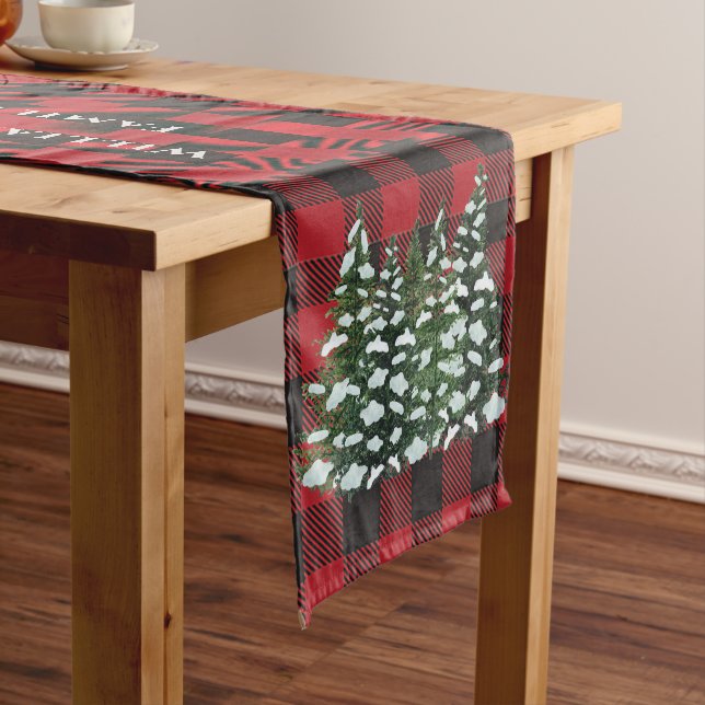 Christmas Tree Red Black Plaid Family Monogram Short Table Runner (In Situ)