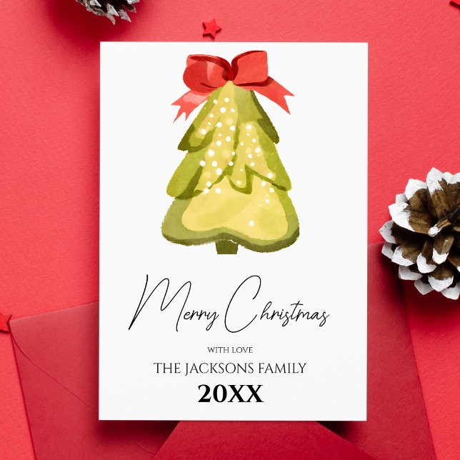 Christmas Tree Red Bow Holiday Greeting Card (Front)