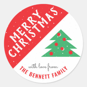 Christmas Tree Red Family Name Christmas Holiday Classic Round Sticker