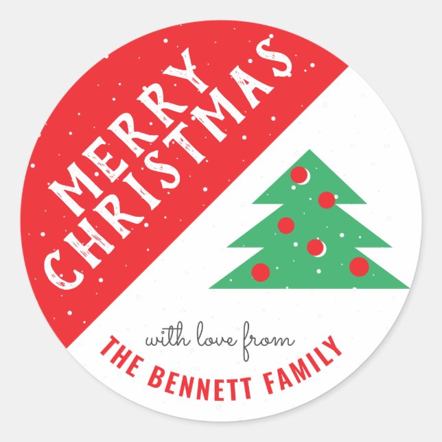 Christmas Tree Red Family Name Christmas Holiday Classic Round Sticker (Front)