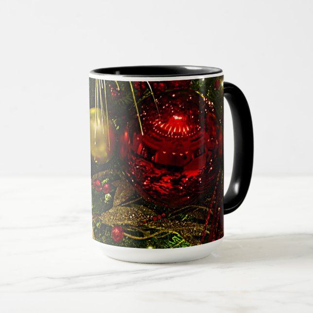Christmas Tree Red & Gold Christmas Ornaments Mug (Front Right)