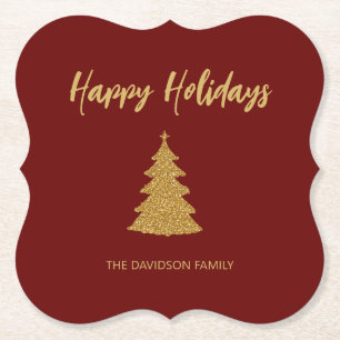 Christmas Tree Red Gold Glitter Holiday Paper Coaster