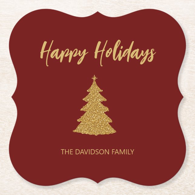 Christmas Tree Red Gold Glitter Holiday Paper Coaster (Front)
