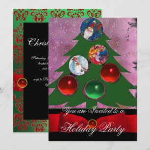 Christmas Tree , Red Green Damask Holiday Party Invitation