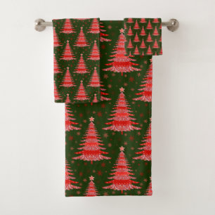 Christmas Tree Red Green Pattern Design Bath Towel Set