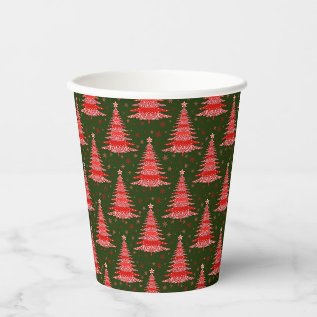 Christmas Tree Red Green Pattern Design  Paper Cups (Front)