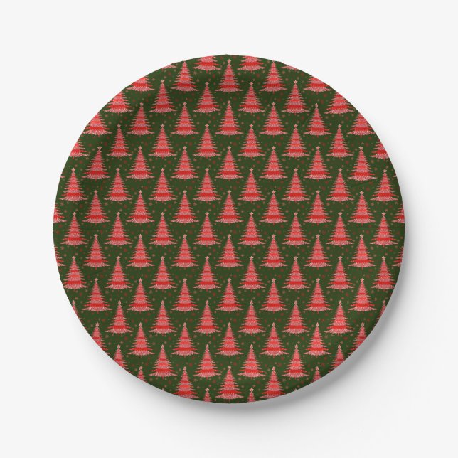Christmas Tree Red Green Pattern Design Paper Plate (Front)
