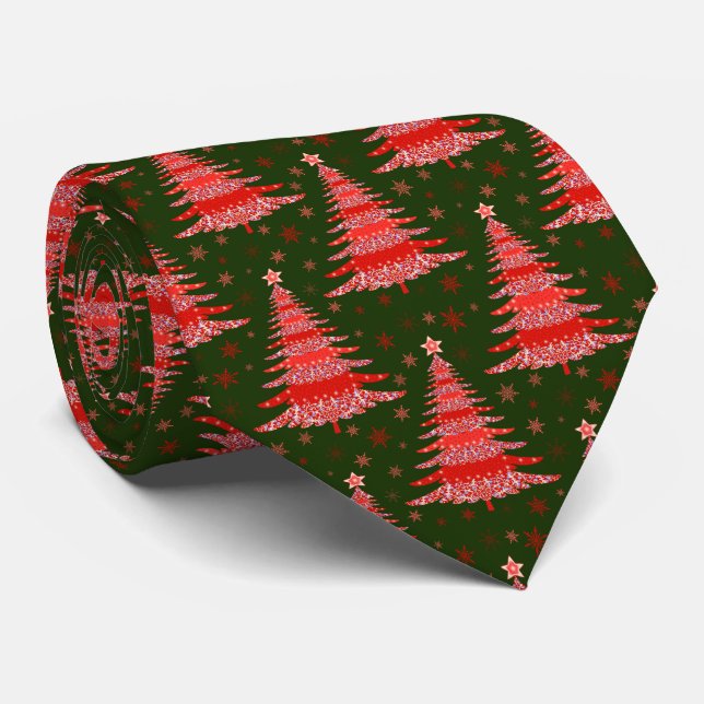 Christmas Tree Red Green Pattern with Monogram Tie (Rolled)
