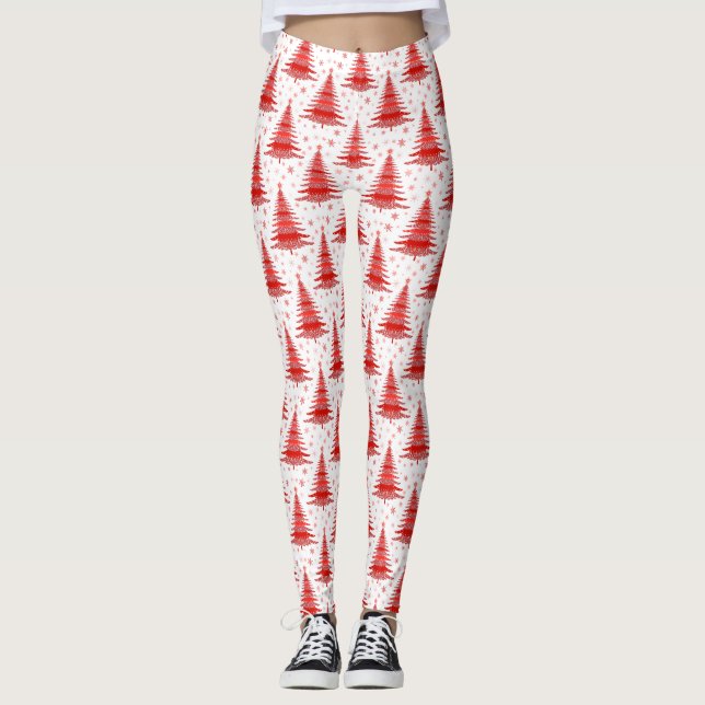 Christmas Tree Red Pattern Design Leggings (Front)