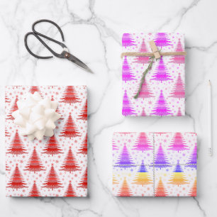 Christmas Tree Red Pink Blue Pattern Design Wrapping Paper Sheet