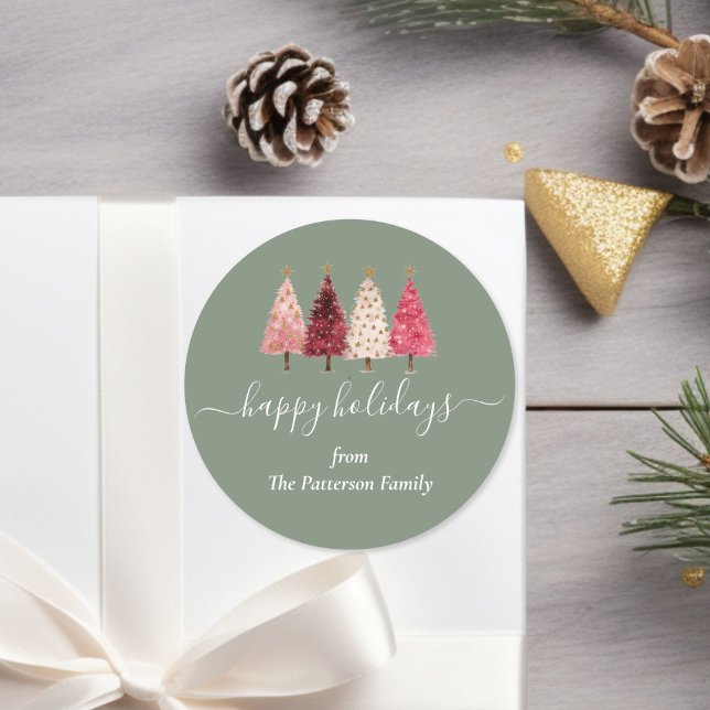 Christmas Tree Red Pink Green Custom Classic Round Sticker (Christmas Tree Red Pink Green Custom Classic Round Sticker)