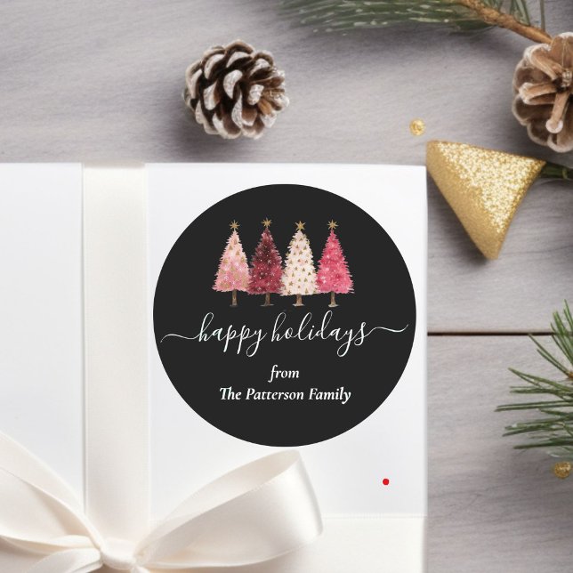 Christmas Tree Red Pink Green Custom Classic Round Sticker (Christmas Tree Red Pink Green Custom Classic Round Sticker)