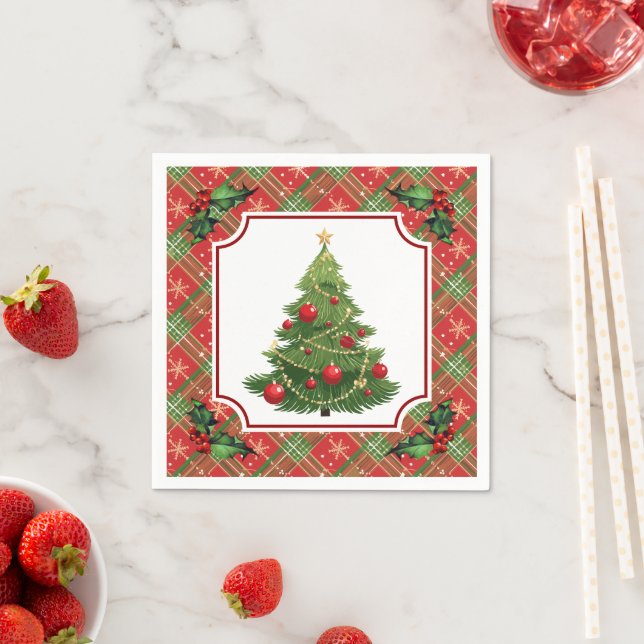 Christmas Tree Red Plaid with Holly Napkin (Insitu)