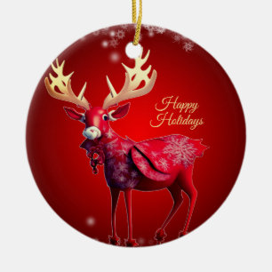 Christmas Tree Red Reindeer Winter Holidays Ceramic Tree Decoration