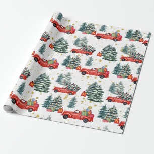 Christmas Tree Red Truck Watercolor Holiday Wrapping Paper