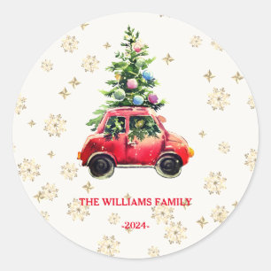Christmas Tree Red Vintage Truck  Classic Round Sticker