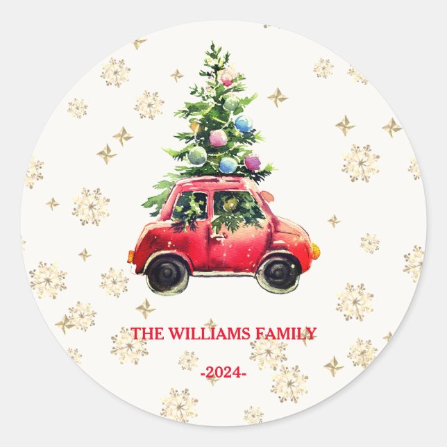 Christmas Tree Red Vintage Truck  Classic Round Sticker (Front)