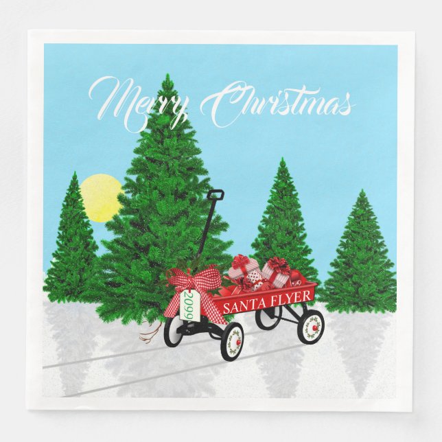 Christmas Tree Red Wagon Party Paper Napkins (Front)
