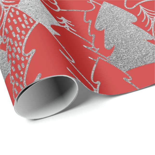 Christmas Tree Red Wine Silver Gray Glitter Wood Wrapping Paper (Roll Corner)