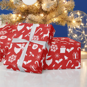 Christmas Tree Reindeer Snowflake Angel Red White  Wrapping Paper