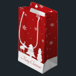 Christmas Tree Reindeer Snowman Small Gift Bag<br><div class="desc">Modern minimalist simple Christmas illustration featuring white silhouettes of reindeer,  tree,  snowman and snowflakes with Merry Christmas greeting on a red background.</div>