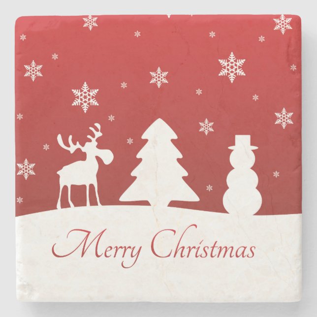 Christmas Tree Reindeer Snowman Stone Coaster (Front)