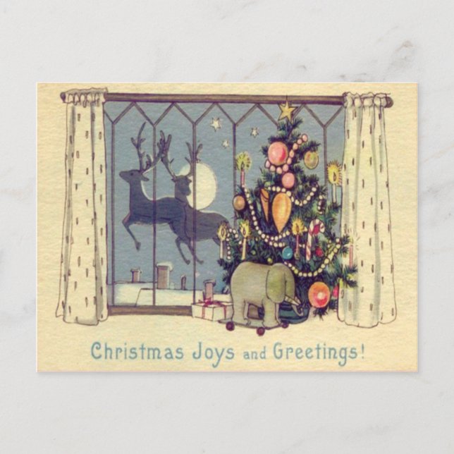 Christmas Tree Reindeer Toys Full Moon Holiday Postcard (Front)