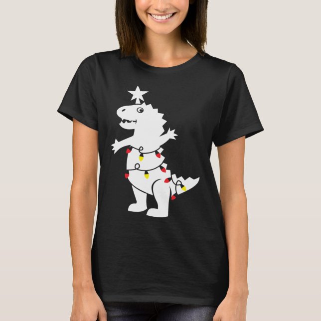 Christmas Tree Rex Dinosaur Xmas Lights Rex Pun Jo T-Shirt (Front)