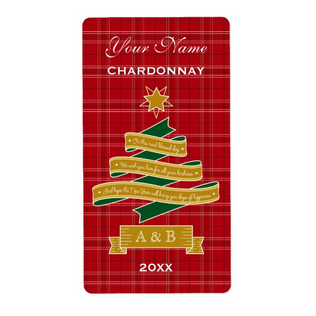Christmas Tree Ribbon Red Plaid Banner Wine Label (Front)