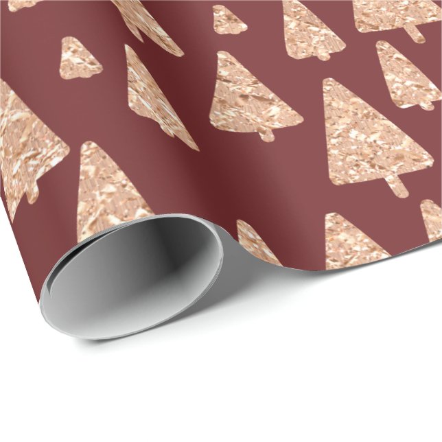 Christmas Tree Rose Gold Glitter Burgundy Maroon Wrapping Paper (Roll Corner)