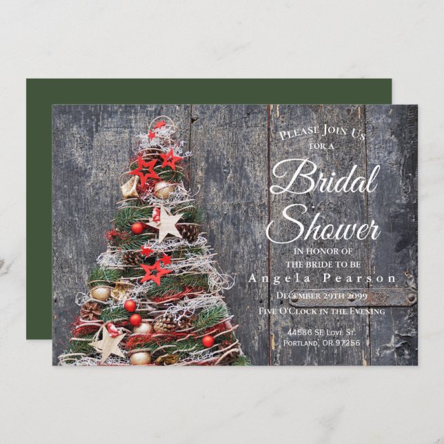 Christmas Tree Rustic Wood Green Bridal Shower Invitation (Front/Back)