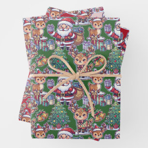 Christmas Tree, Santa Claus, Red Green Pink Wrapping Paper Sheet