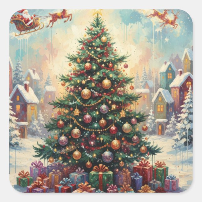 Christmas Tree, Santa Clause Square Sticker (Front)