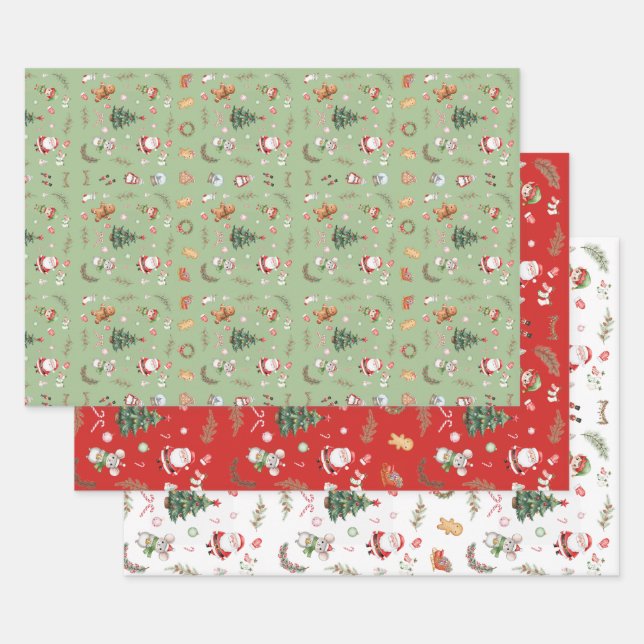 Christmas Tree Santa cute character holiday design Wrapping Paper Sheet (Set)