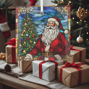 Christmas Tree Santa Faux Stained Glass Decoration