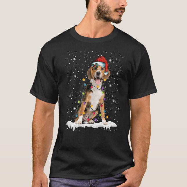 Christmas Tree Santa Hat Beagle Dog Pet Lights  T-Shirt (Front)