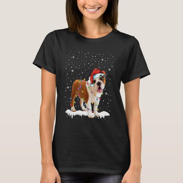 Christmas Tree Santa Hat English Bulldog Dog Pet L T-Shirt (Front)