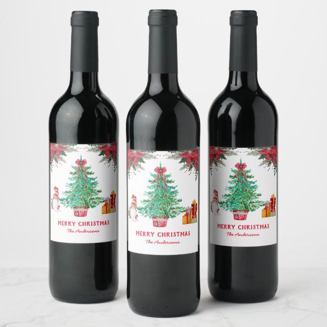 Christmas Tree Santa Holiday Red Green Wine Label (Bottles)