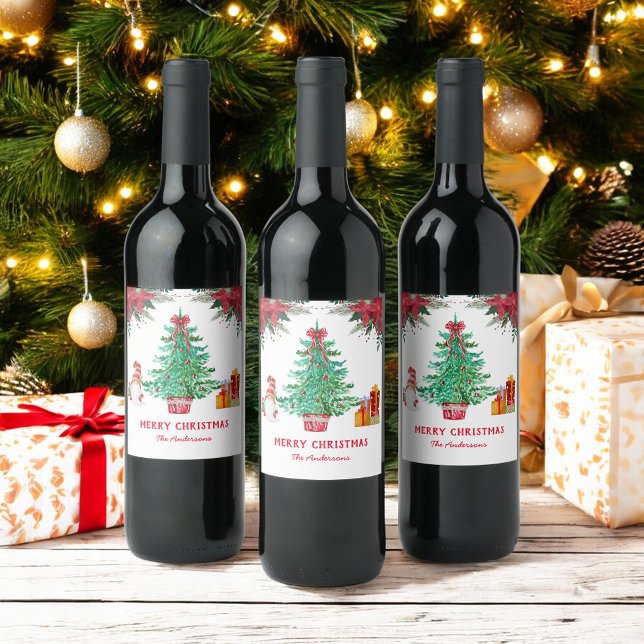 Christmas Tree Santa Holiday Red Green Wine Label (Creator Uploaded)