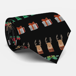 Christmas Tree Santa Presents Reindeer Green Red Tie