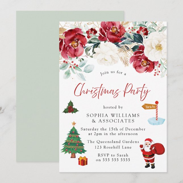 Christmas Tree Santa Red Floral Christmas Party Invitation (Front/Back)