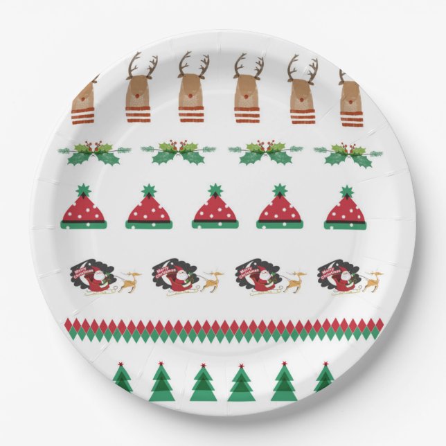 Christmas Tree Santa Reindeer Presents Red Green Paper Plate (Front)