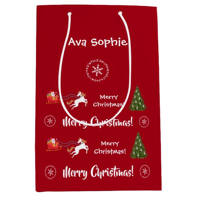 Christmas Tree Santa Sleigh Unicorn Personalised   Medium Gift Bag (Front)