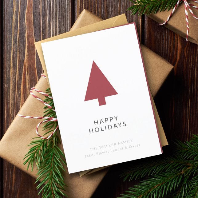 Christmas Tree Scandi Minimalist Burgundy Holidays Holiday Card (Personalize your folded Christmas card for minimal Scandi-inspired charm)