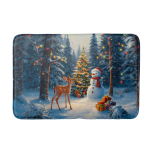 Christmas Tree Scene Cute Deer Fawn Snowman Bath Mat