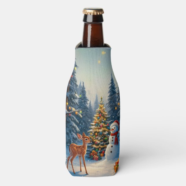 Christmas Tree Scene Cute Deer Fawn Snowman Bottle Cooler (Bottle Front)
