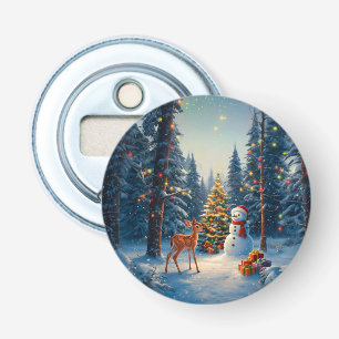 Christmas Tree Scene Cute Deer Fawn Snowman Bottle Opener