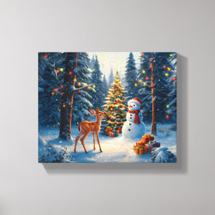 Christmas Tree Scene Cute Deer Fawn Snowman Canvas Print